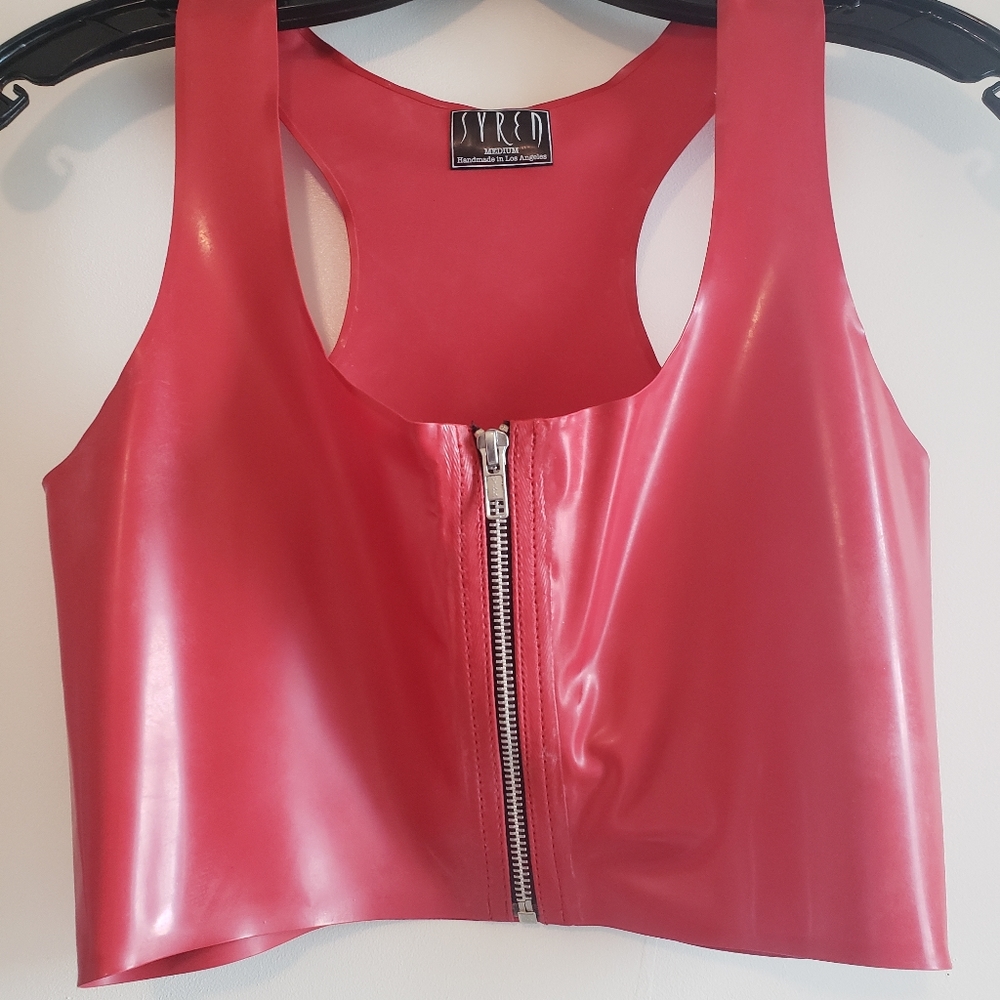 Red Syren latex zip front crop top